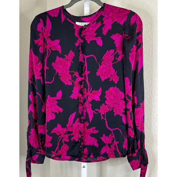 LK Bennett 100% Silk Blouse‎ Frayed Ruffle Front Top Tie Cuff Black Pink Shirt 4 - Picture 1 of 8